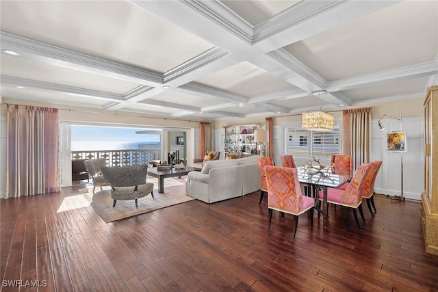 living room with coffered ceiling, dark hardwood / wood-style flooring, crown molding, and beam ceiling