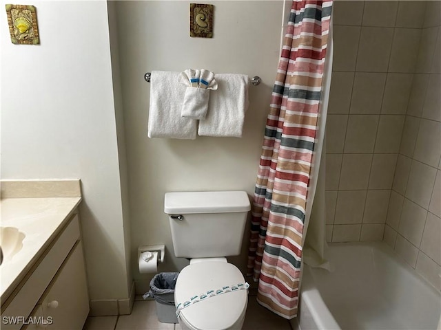 full bathroom with toilet, shower / tub combo, and vanity