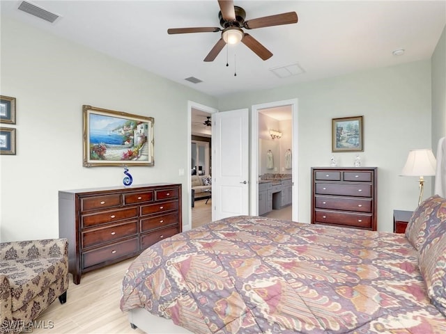 bedroom featuring connected bathroom, ceiling fan, and light wood-type flooring