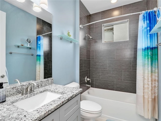 full bathroom with toilet, shower / bath combo with shower curtain, and vanity