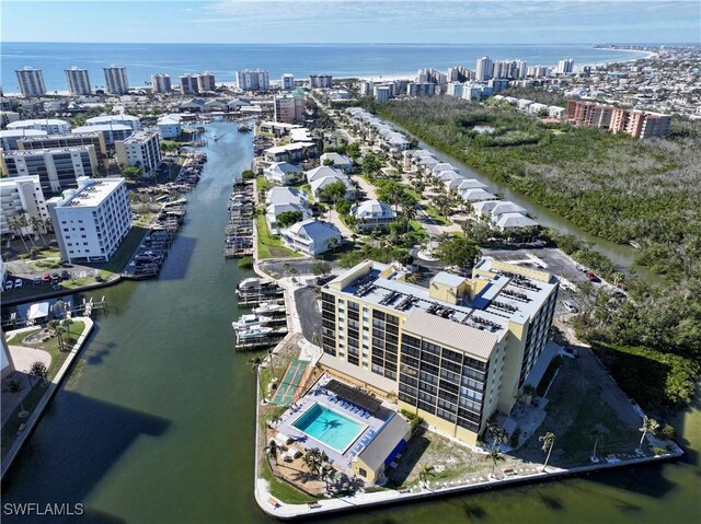 drone / aerial view with a water view