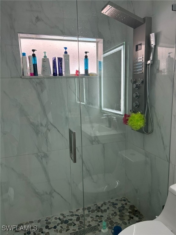 bathroom featuring a shower with shower door and toilet