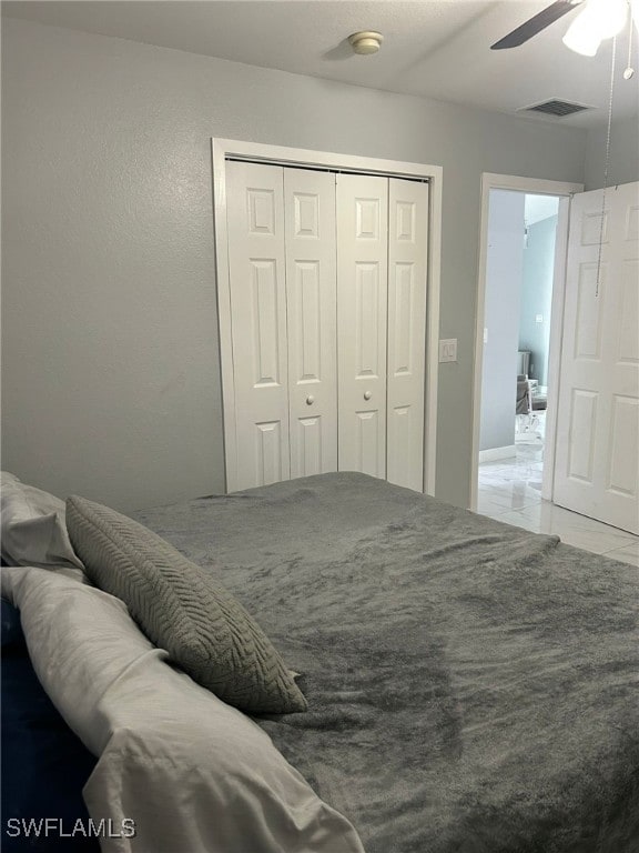 bedroom featuring ceiling fan and a closet