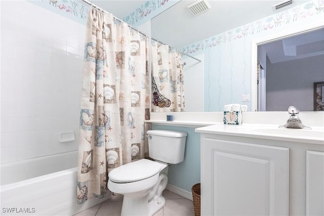 full bathroom featuring toilet, tile patterned floors, vanity, and shower / bathtub combination with curtain