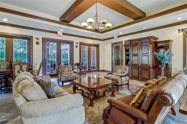 living area featuring recessed lighting, french doors, a notable chandelier, and beam ceiling