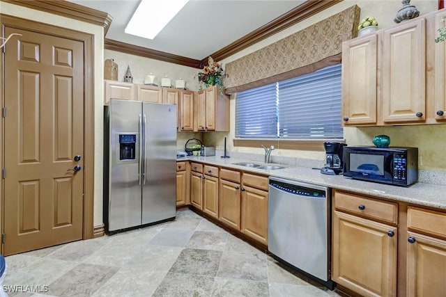 kitchen featuring stainless steel appliances, light countertops, crown molding, and a sink