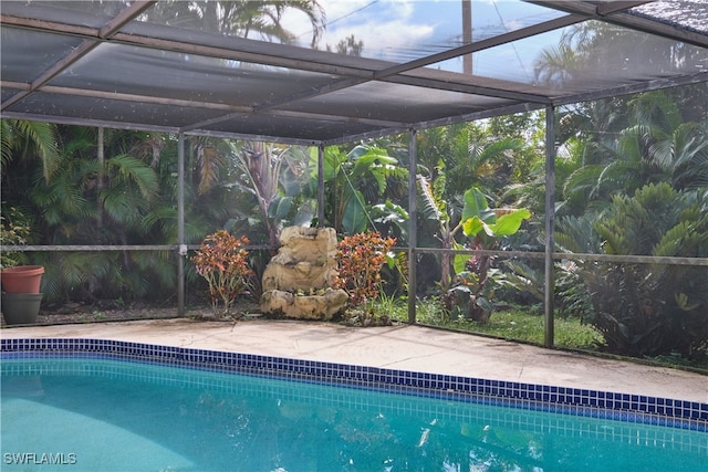 view of swimming pool with a lanai and a patio area