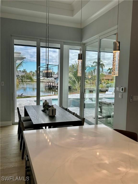 doorway featuring a water view, a raised ceiling, and crown molding