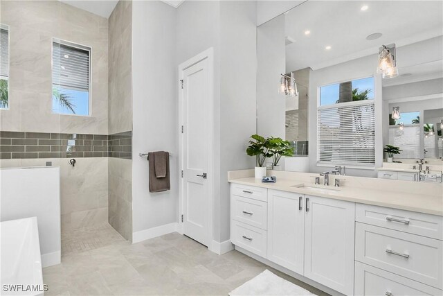 bathroom with a shower and vanity