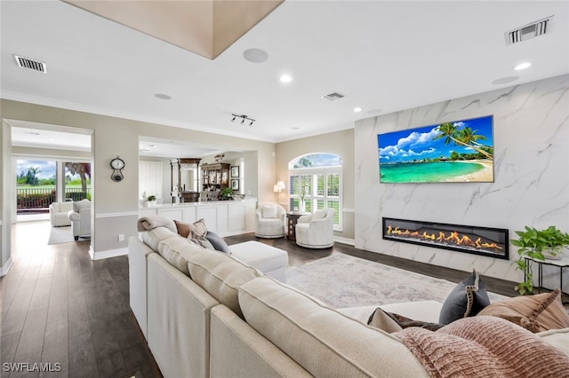 living room featuring dark hardwood / wood-style flooring, a fireplace, a healthy amount of sunlight, and crown molding