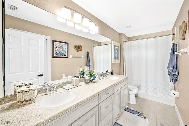 full bathroom featuring vanity, tile patterned flooring, toilet, and shower / bath combination with curtain