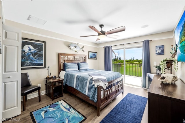 bedroom with access to outside, ceiling fan, and light hardwood / wood-style floors