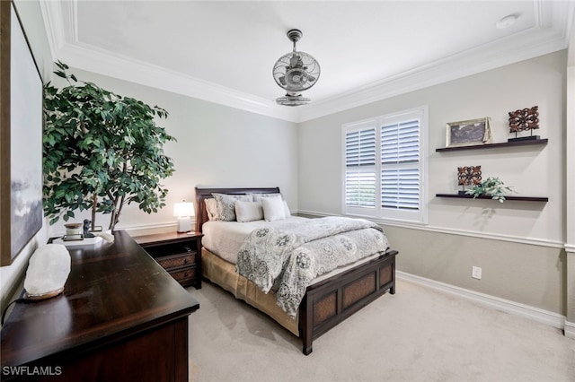 carpeted bedroom with ornamental molding