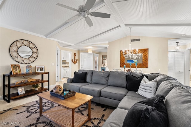 living room featuring vaulted ceiling with beams, ceiling fan with notable chandelier, and light colored carpet