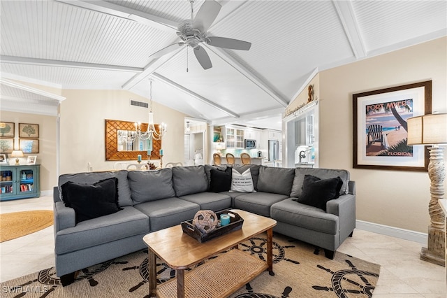 tiled living room featuring lofted ceiling with beams and a chandelier