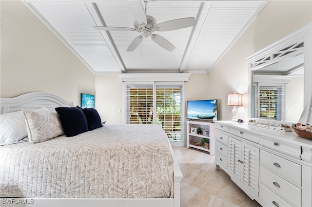 tiled bedroom featuring ceiling fan and vaulted ceiling with beams