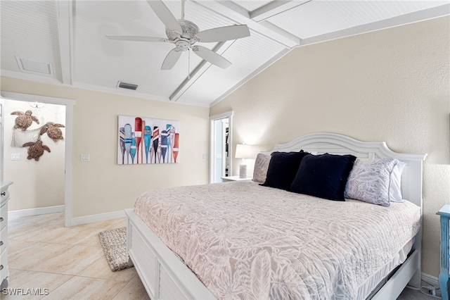 bedroom with ceiling fan, vaulted ceiling with beams, and light tile patterned floors