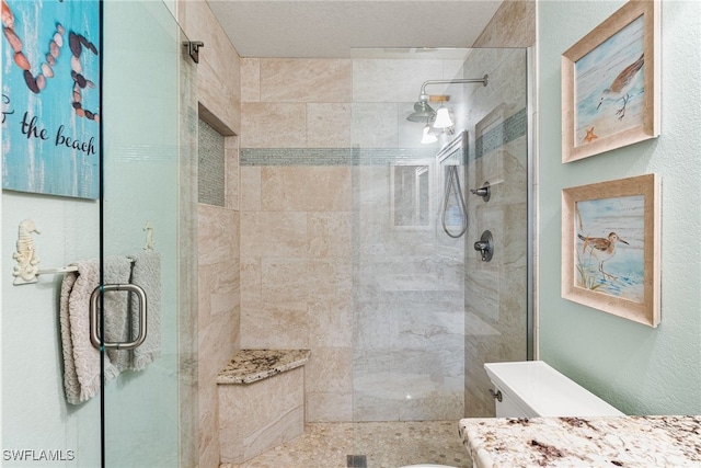 bathroom featuring toilet, vanity, and a shower with door