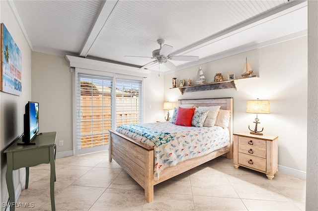 tiled bedroom with ceiling fan, ornamental molding, and beamed ceiling