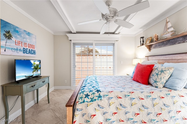 bedroom with ceiling fan, light tile patterned floors, and ornamental molding