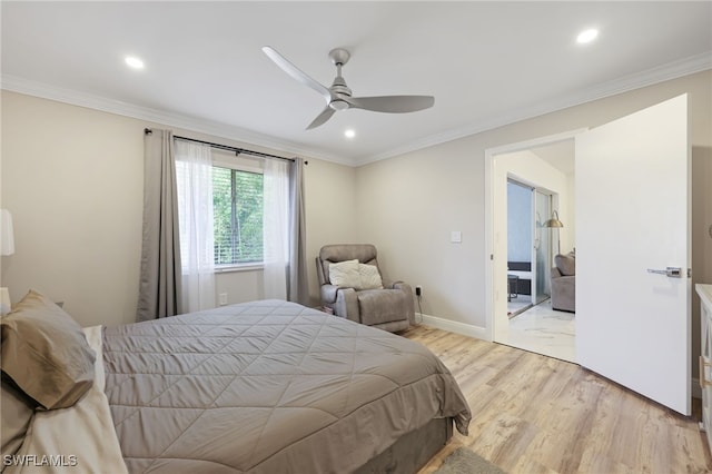 bedroom with ceiling fan, light hardwood / wood-style flooring, and crown molding