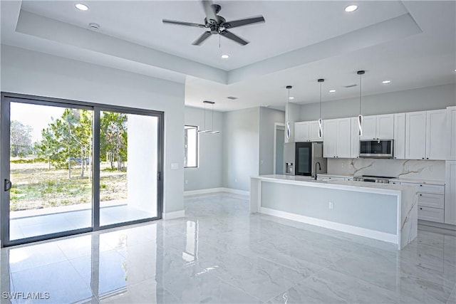 1254 Ellipse St E, Lehigh Acres, FL 33974 - kitchen featuring a tray ceiling, stainless steel appliances, and recessed lighting