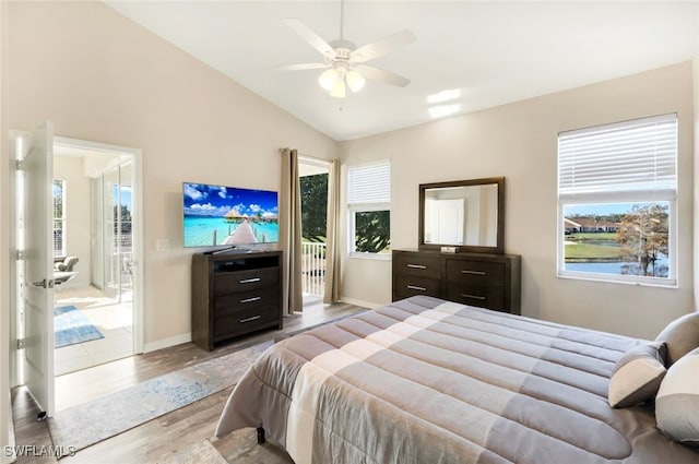 bedroom with ceiling fan, lofted ceiling, access to exterior, and light hardwood / wood-style flooring