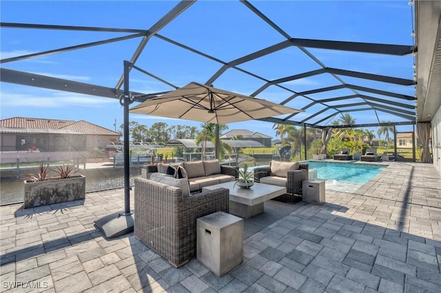 view of patio / terrace featuring a lanai and an outdoor hangout area