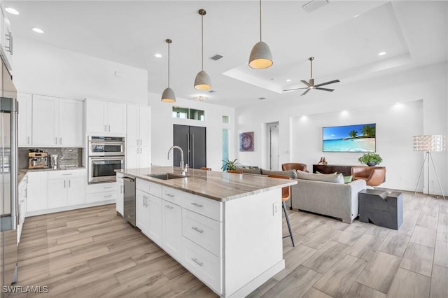 kitchen with appliances with stainless steel finishes, a tray ceiling, sink, and white cabinets