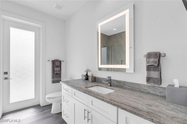 bathroom with plenty of natural light, toilet, a shower with shower door, and vanity