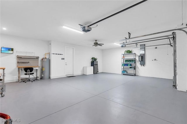 garage with a garage door opener, electric panel, and electric water heater