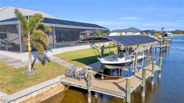 dock area with a swimming pool, a lawn, a water view, and glass enclosure