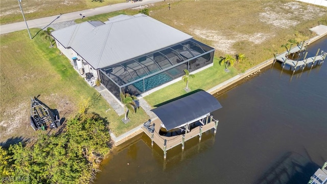 bird's eye view with a water view