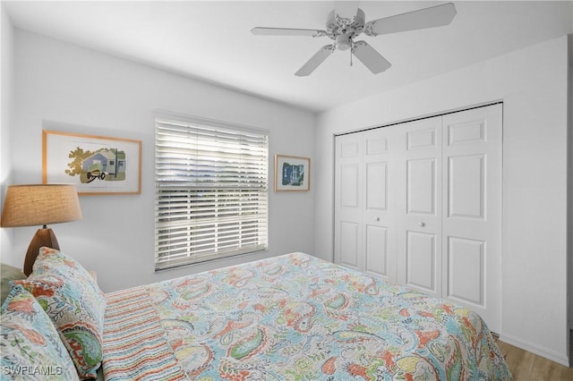 bedroom featuring a closet, ceiling fan, and light hardwood / wood-style floors