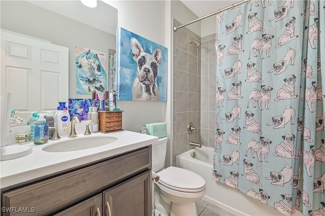 full bathroom with toilet, shower / tub combo, vanity, and tile patterned flooring