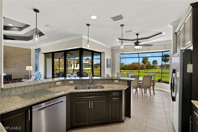 kitchen featuring sink, crown molding, a raised ceiling, and appliances with stainless steel finishes