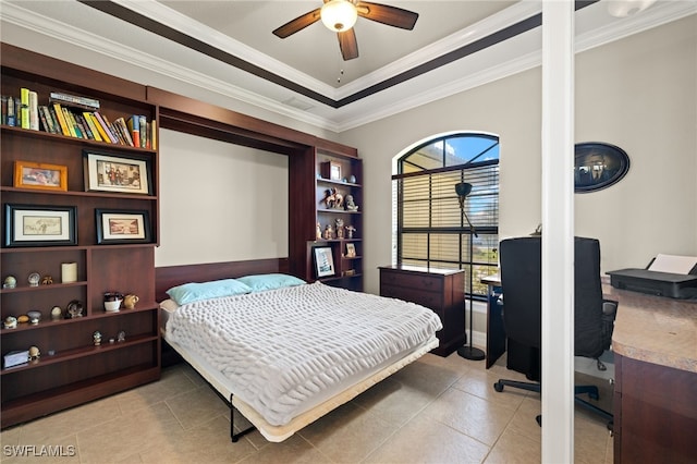 bedroom with ornamental molding, ceiling fan, and light tile patterned floors