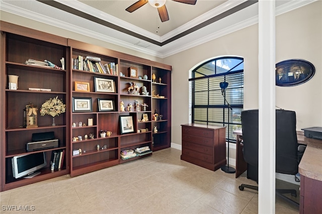 tiled home office with ceiling fan and crown molding