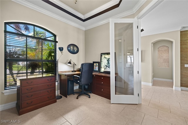 office space with french doors, light tile patterned flooring, and crown molding