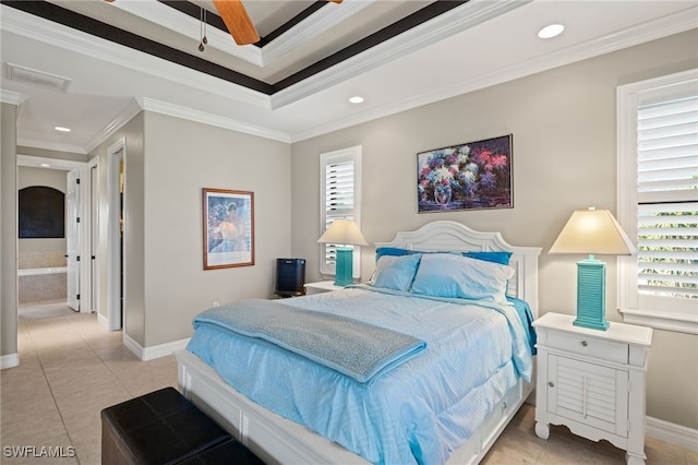 bedroom with ornamental molding, ceiling fan, light tile patterned floors, and ensuite bath