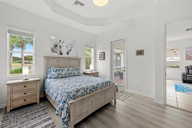 bedroom featuring access to exterior, light hardwood / wood-style floors, and a raised ceiling