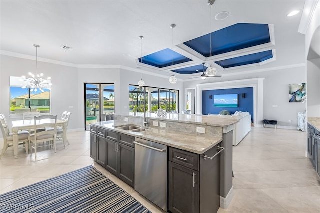 kitchen with sink, dishwasher, ornamental molding, ceiling fan with notable chandelier, and coffered ceiling