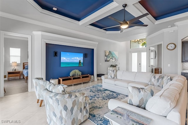 living room with coffered ceiling, french doors, crown molding, ceiling fan, and beamed ceiling