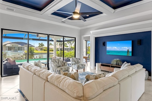 tiled living room with ornamental molding, ceiling fan, coffered ceiling, and beam ceiling