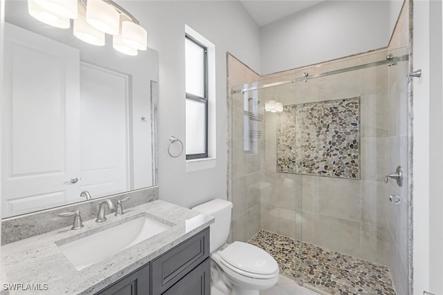 bathroom featuring toilet, vanity, and a shower with shower door