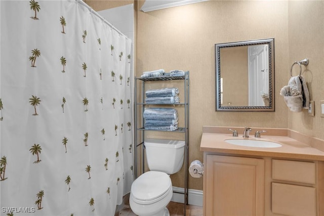 bathroom featuring toilet, a shower with shower curtain, and vanity