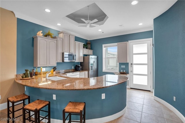 kitchen with kitchen peninsula, stainless steel appliances, a tray ceiling, crown molding, and sink