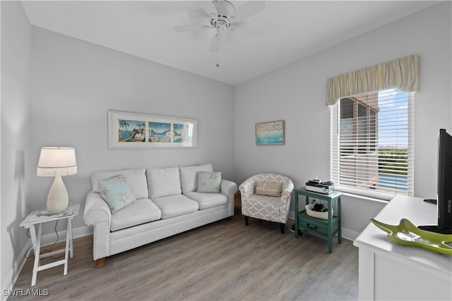 living room with ceiling fan and hardwood / wood-style floors