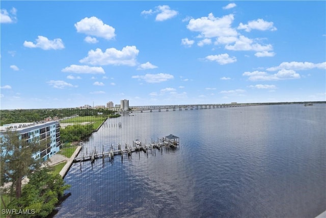 view of water feature with a boat dock