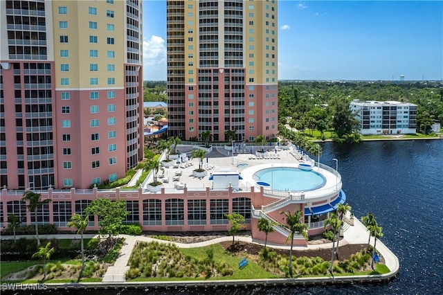 birds eye view of property featuring a water view